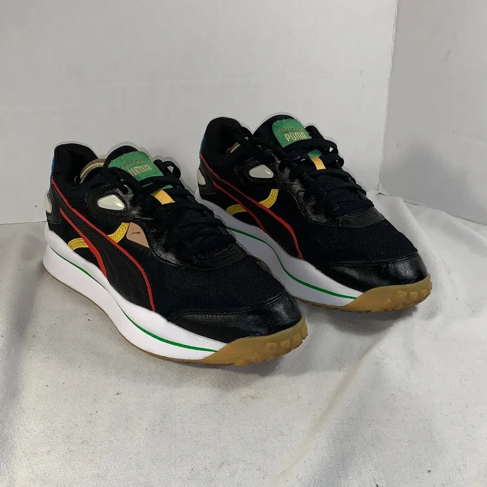 Puma Mens Street Rider ‘Black High Risk Red’ Sneakers Green/Red/Gold Accents